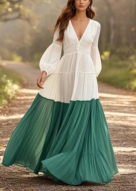 White V Neck Patchwork Exra Large Hem Cotton Pleated Dresses Spring