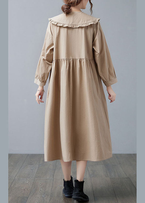 Apricot Ruffled Patchwork Button Fall Dress Long Sleeve