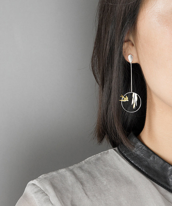 Unique Silk Sterling Silver Little Bird Leaf Drop Earrings