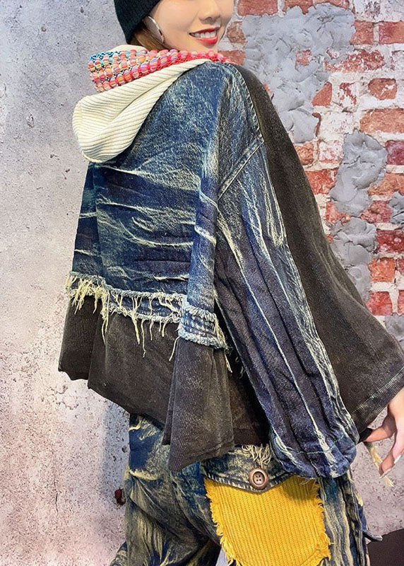 Fitted Black Hooded Patchwork Fall Denim Long Sleeve Coat