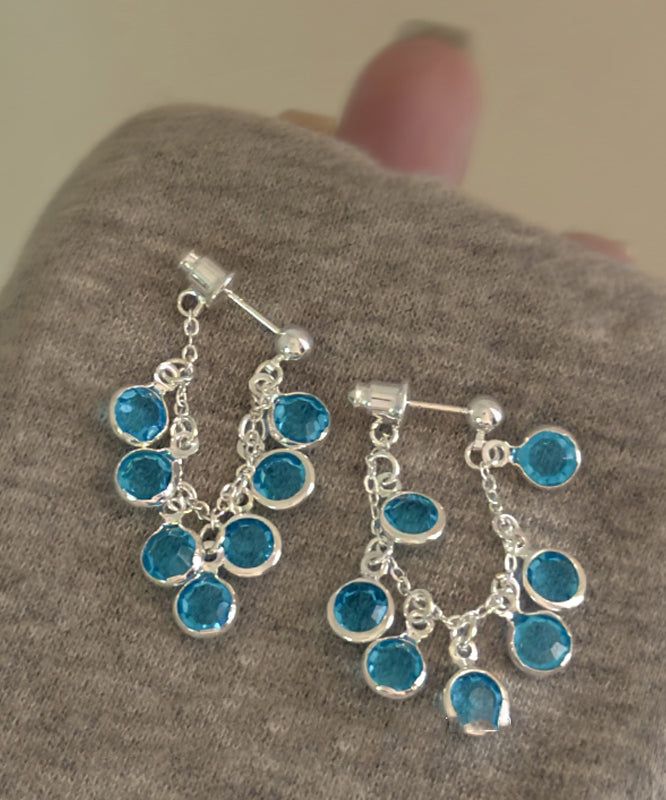 Blue Copper Crystal Bunch of Grapes Tassel Drop Earrings