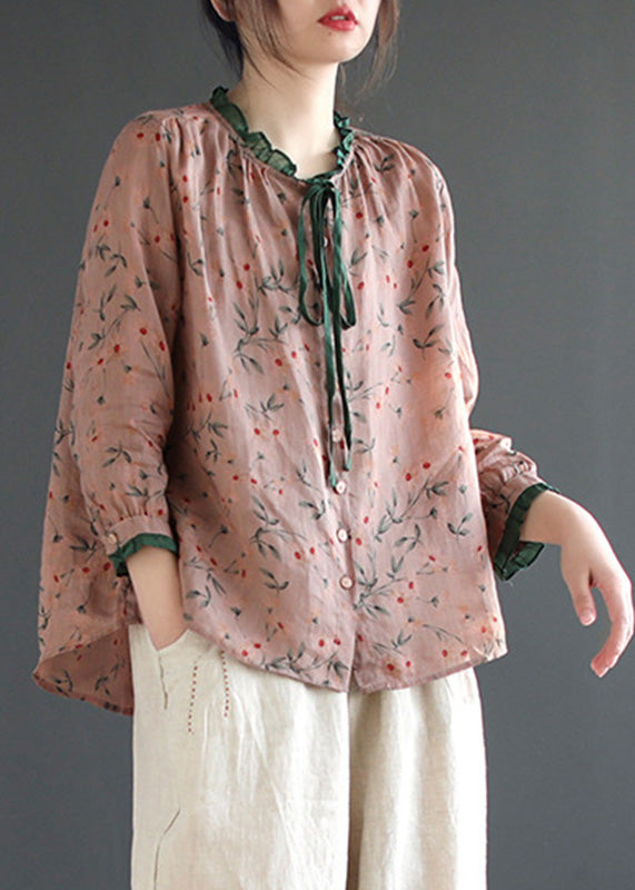 Neck Tie Ruffled Print Low High Design Linen Shirt Long Sleeve
