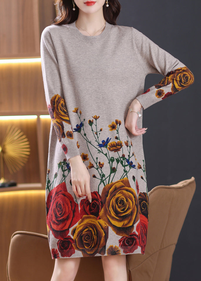 Camel Side Open Cozy Wool Knit Dress O-neck Spring
