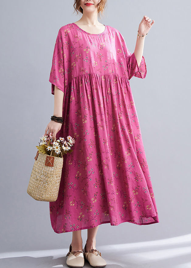 Rose Print Pockets Cotton Long Dresses Summer