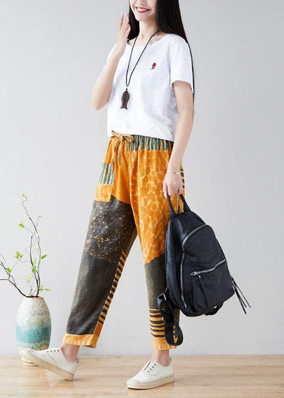 Modern Yellow Retro Colorblock Tie Waist Fall Pants Denim
