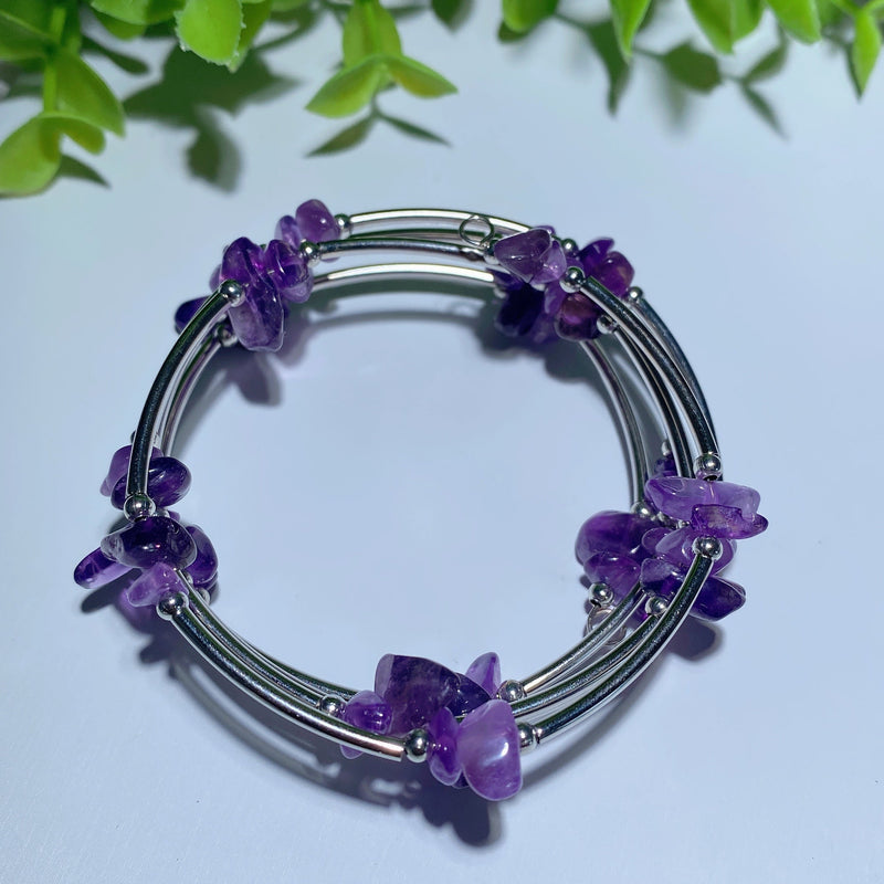 Adjustable Amethyst Chip Healing Bracelet With Aquamarine