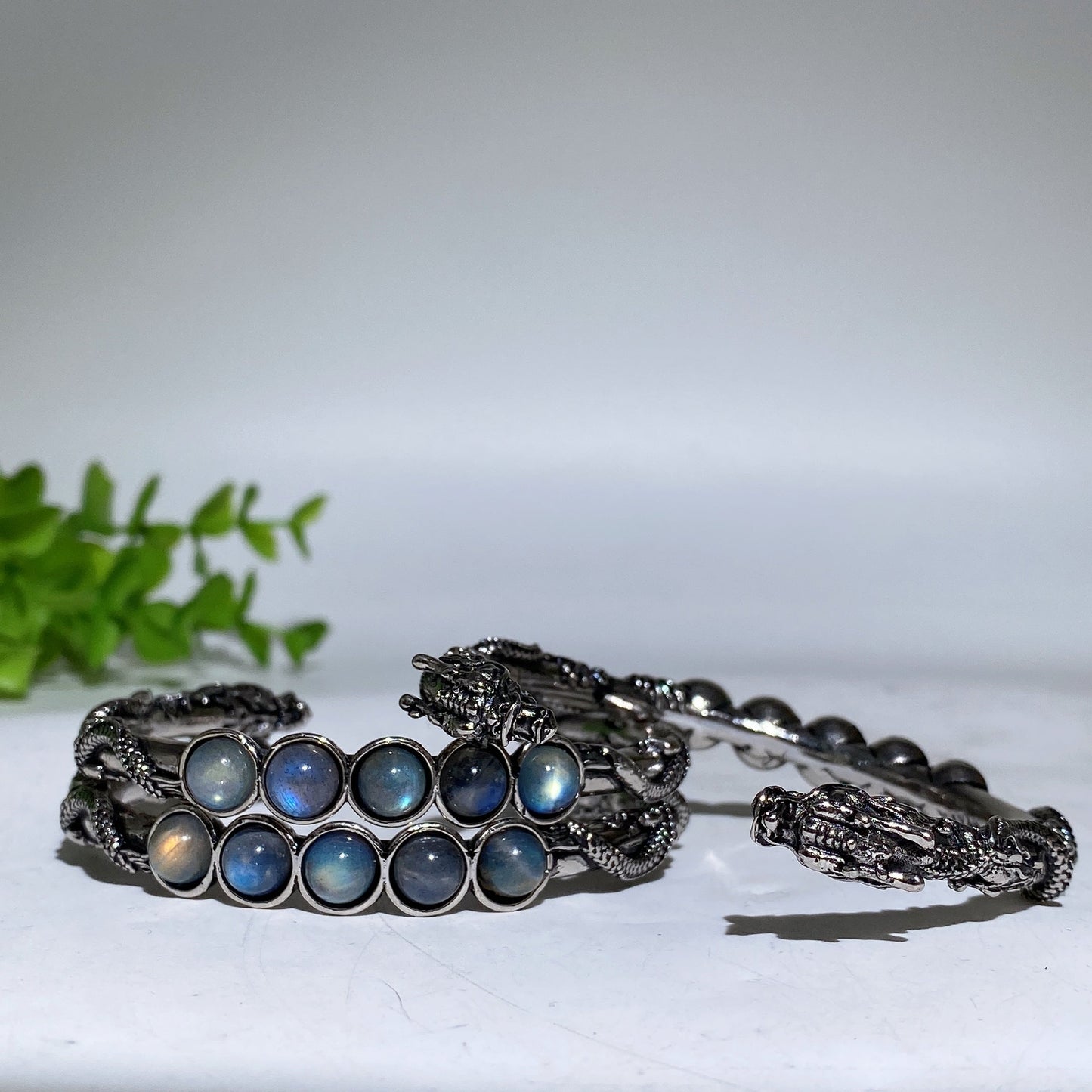 Adjustable Labradorite Crystal Healing Bangle With Dragon Motif
