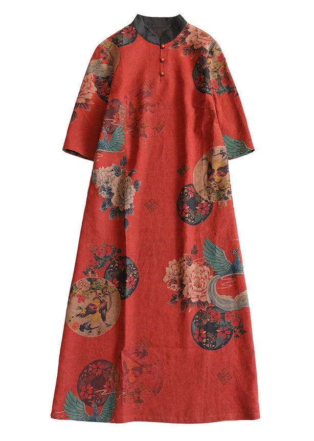 Red Stand Collar Print Pockets Silk Dresses Summer