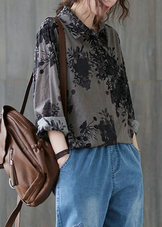 Unique Black Flower Peter Pan Collar Button Print Fall Blouses Long Sleeve