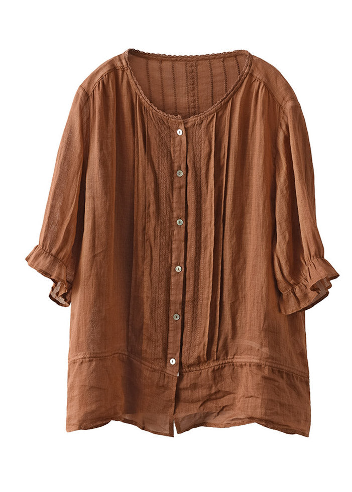 Loose Caramel O-neck Embroideried Patchwork Linen Shirt Half Sleeve