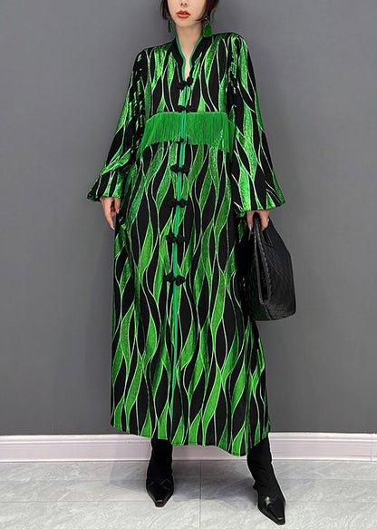 Green V Neck Patchwork Tassel Button Velour Maxi Dresses Fall
