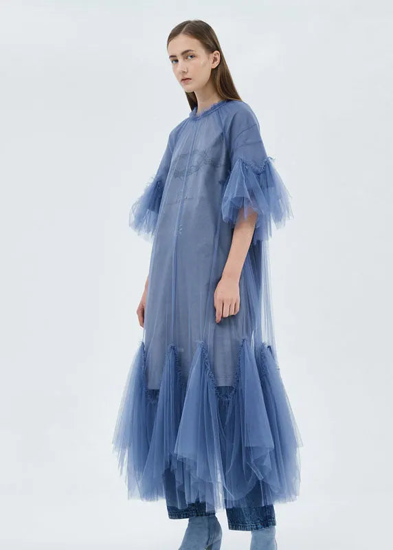 Blue O-neck Patchwork Tulle Maxi Dresses Half Sleeve Summer