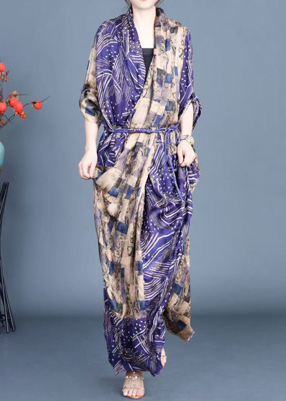 Blue Print Side Open Tie Waist Silk Long Dress Fall