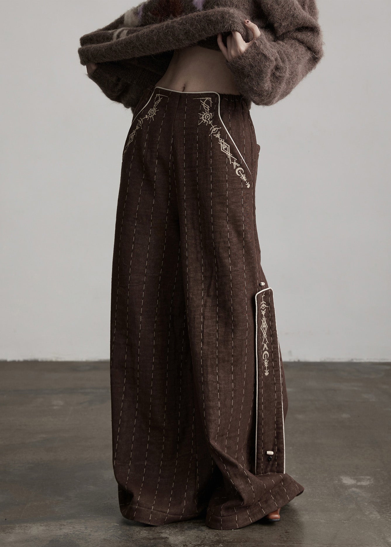 Boutique Coffee Embroidered Pockets Warm Fleece Pants Winter