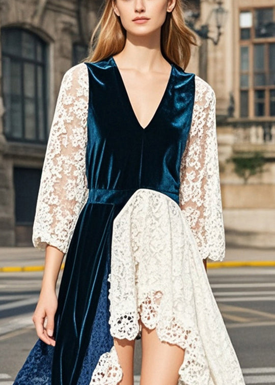 Navy Asymmetrical Lace Patchwork Silk Velour Dresses Summer