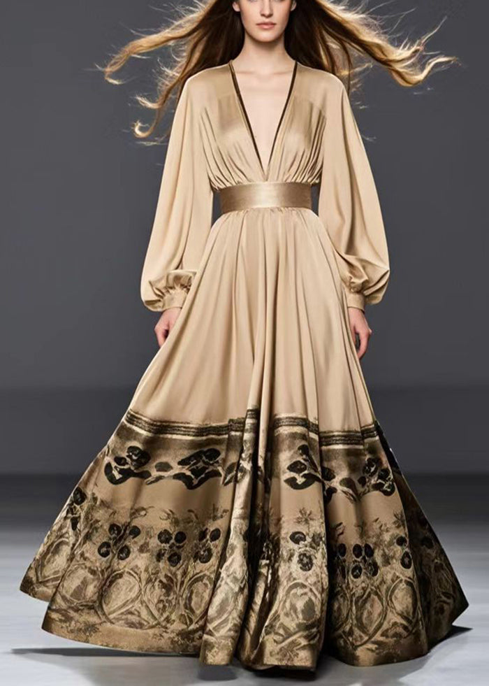 Golden Cinched Print Silk Maxi Dresses Fall
