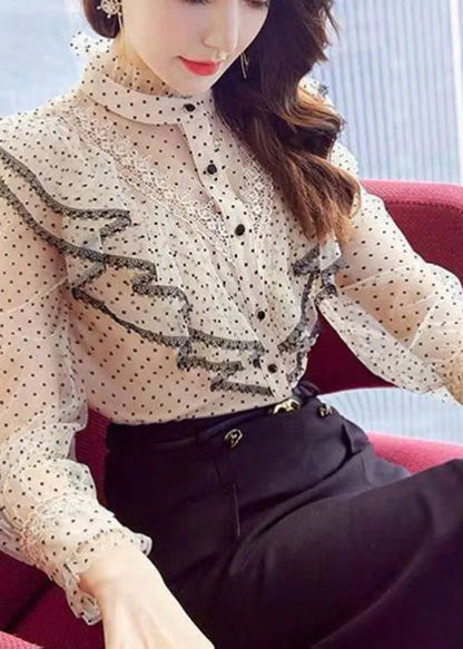 Apricot Stand Collar Ruffles Button Dot Chiffon Shirt Spring