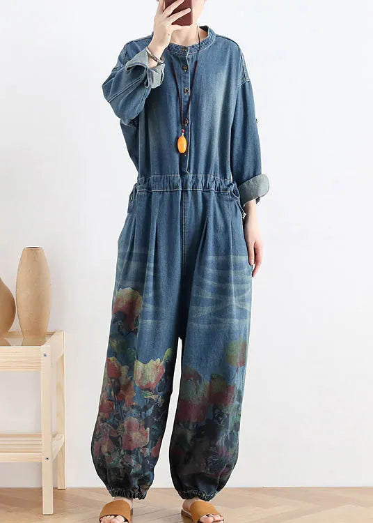 Blue O-neck Button Cotton Denim Jumpsuit Long Sleeve