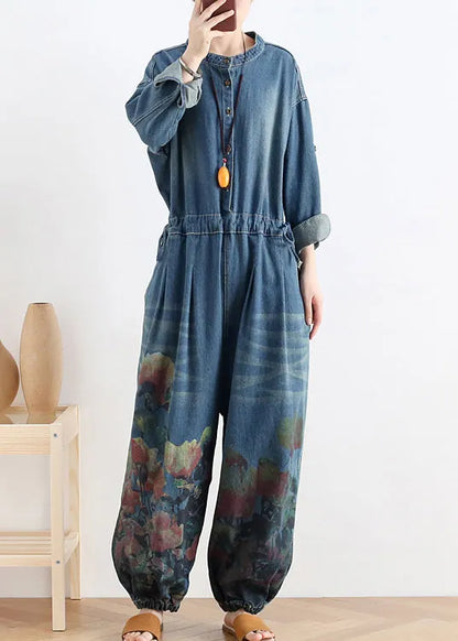 Blue O-neck Button Cotton Denim Jumpsuit Long Sleeve