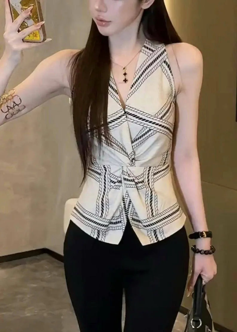 White Print Side Open Silm Fit Halter Vests Summer