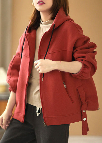 Red Hooded Zippered Pockets Drawstring Fall Jackets Long Sleeve
