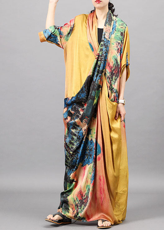 Yellow Print Bat Wing Sleeve Fall Dresses