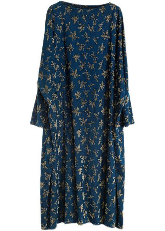 Handmade Blue Print Long Sleeve Fall Dress