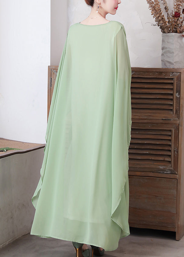 Loose Pea Green O-neck Chiffon Maxi Dresses Spring