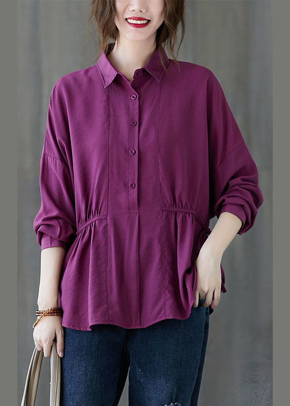 Purple Loose Button Tie Waist Fall Shirt Long Sleeve