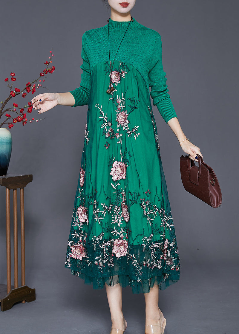 Green Patchwork Tulle Knit Dress Embroideried Fall