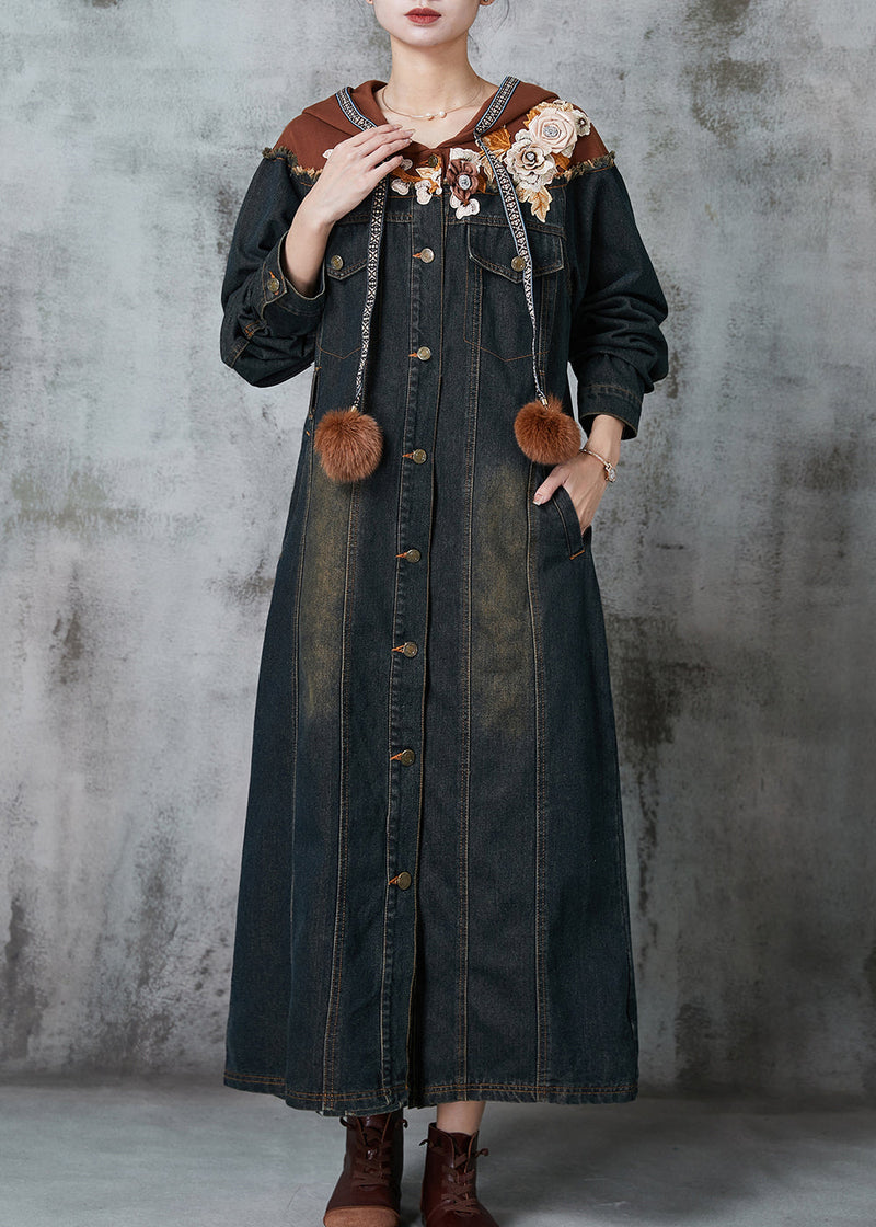 Fine Navy Patchwork Denim Long Dresses Spring