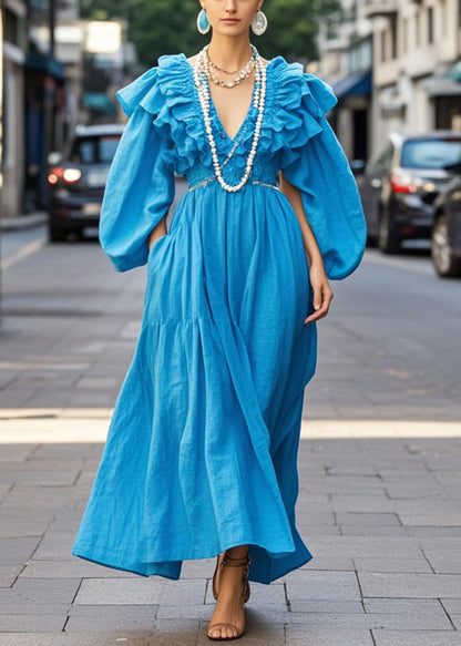 Royal Blue Ruffled Cotton Robe Dresses Fall