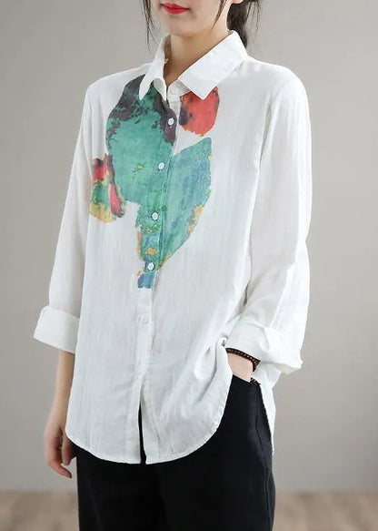 Modern Green Print Blouse Lapel Cinched Tunic Spring Shirts