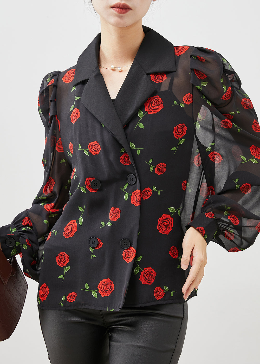 Boutique Black Double Breast Chiffon Shirt Puff Sleeve