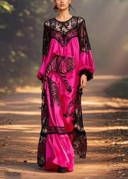 Pitaya Print Patchwork Lace Long Dresses Spring