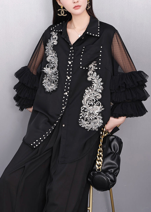 Black Rhinestone Hollow Out Chiffon Blouse Tops Flare Sleeve
