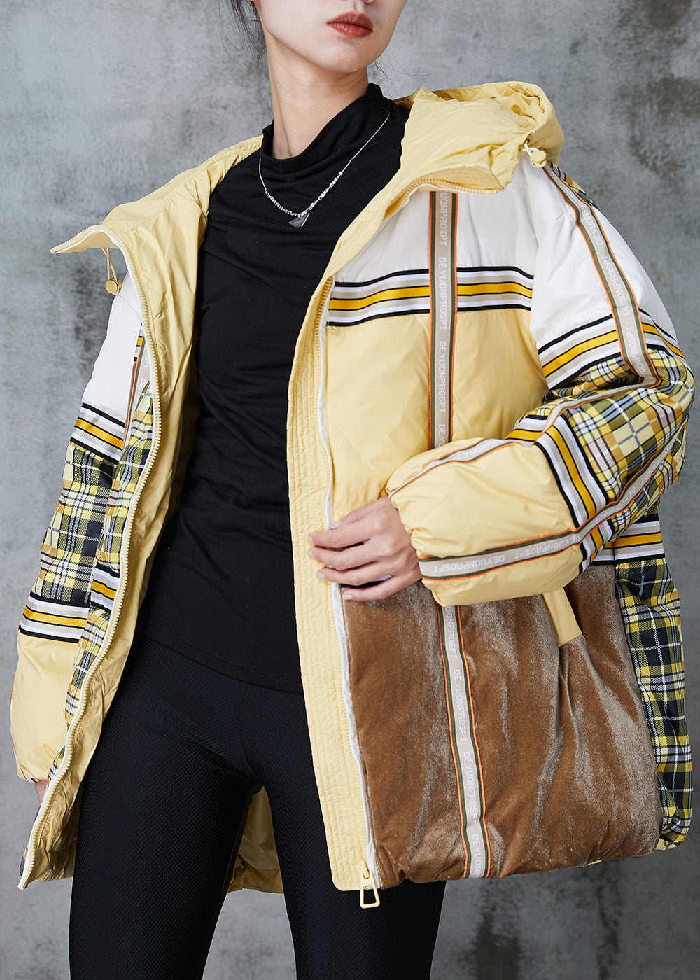 Yellow Oversized Patchwork Duck Down Puffers Jackets Winter