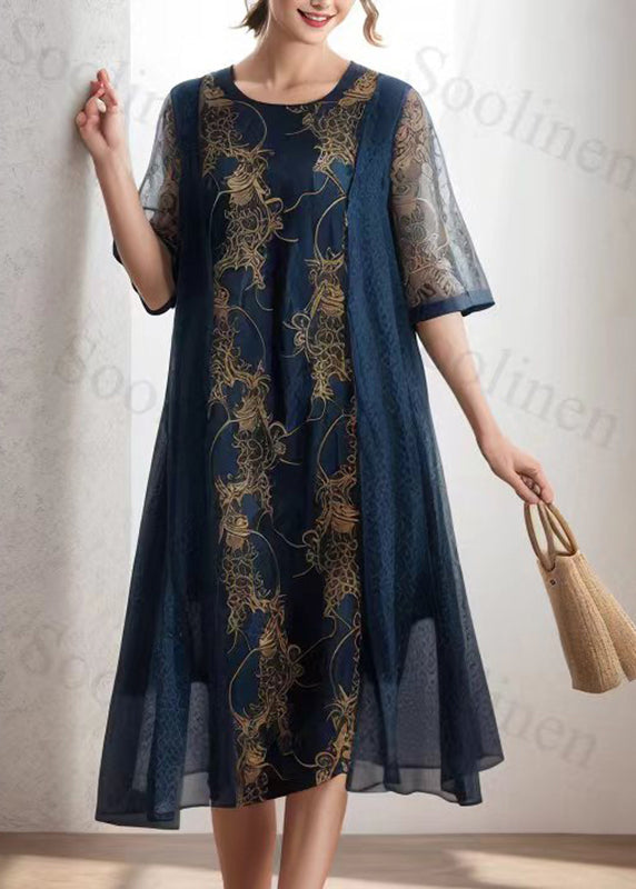 Handmade Royal Blue O-neck Print Silk Long Dress Summer