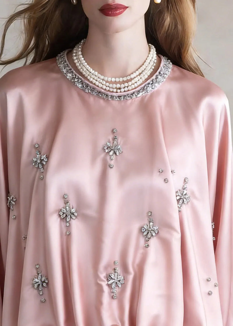 Handmade Pink Zircon Wrinkled Silk Shirt Batwing Sleeve
