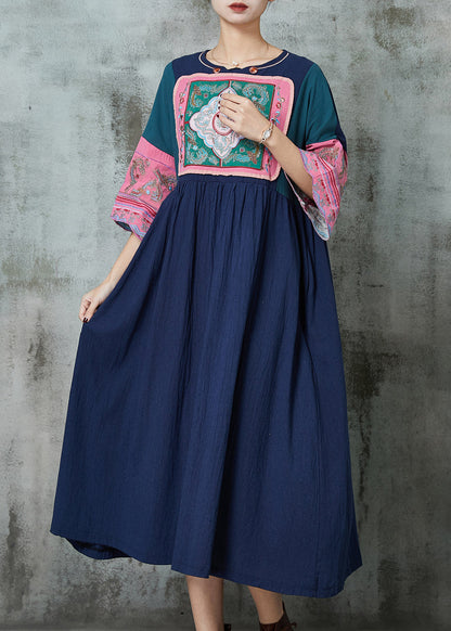 Style Navy Embroidered Patchwork Linen Dresses Summer