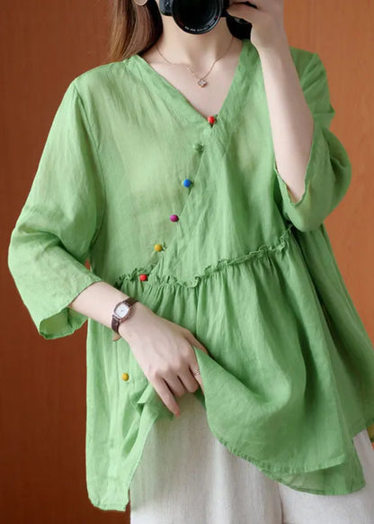 French Green V Neck Ruffled Asymmetrical Design Fall Half Sleeve Shirt