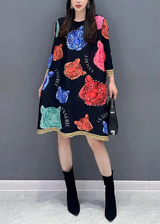 Black O Neck Print Cotton Mid Dress Spring