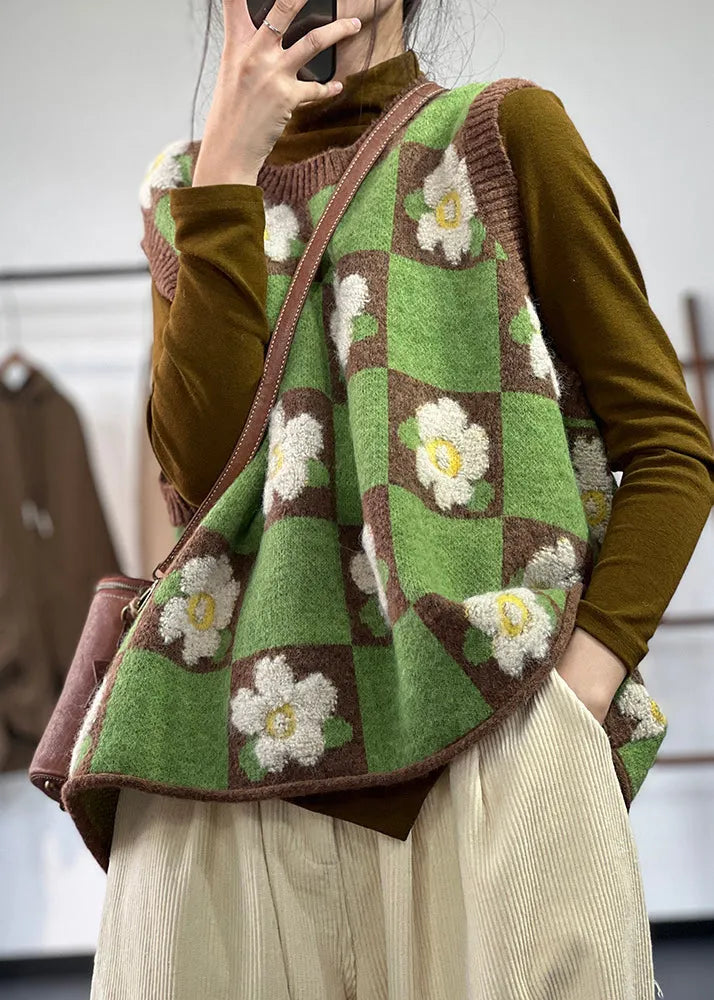 Unique Green Jacquard Thick Knit Vest Tops Spring