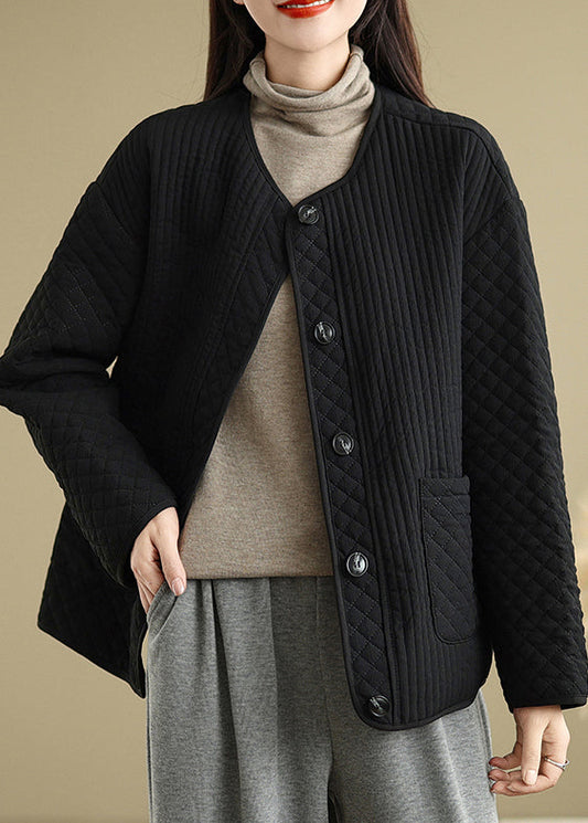 Black Pockets Button Fine Cotton Filled Coat O Neck Spring