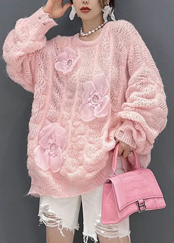 Pink Oversized Hollow Out Applique Knit Sweater Tops Winter