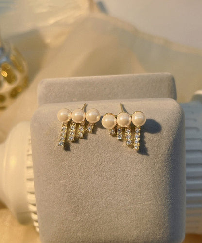 White Sterling Silver Overgild Pearl Zircon Tassel Drop Earrings