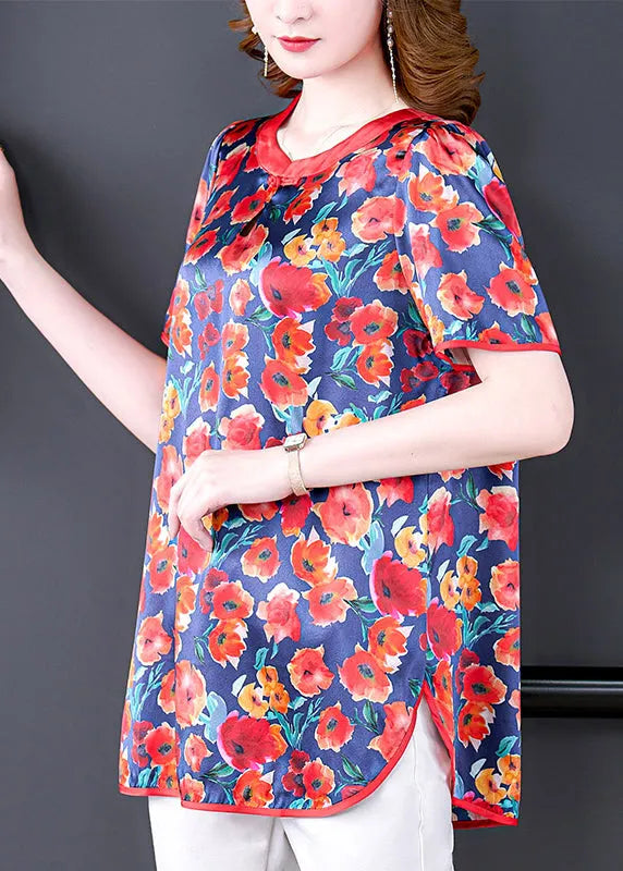 Boutique Red O-neck Oriental Button Print Silk Tank Short Sleeve