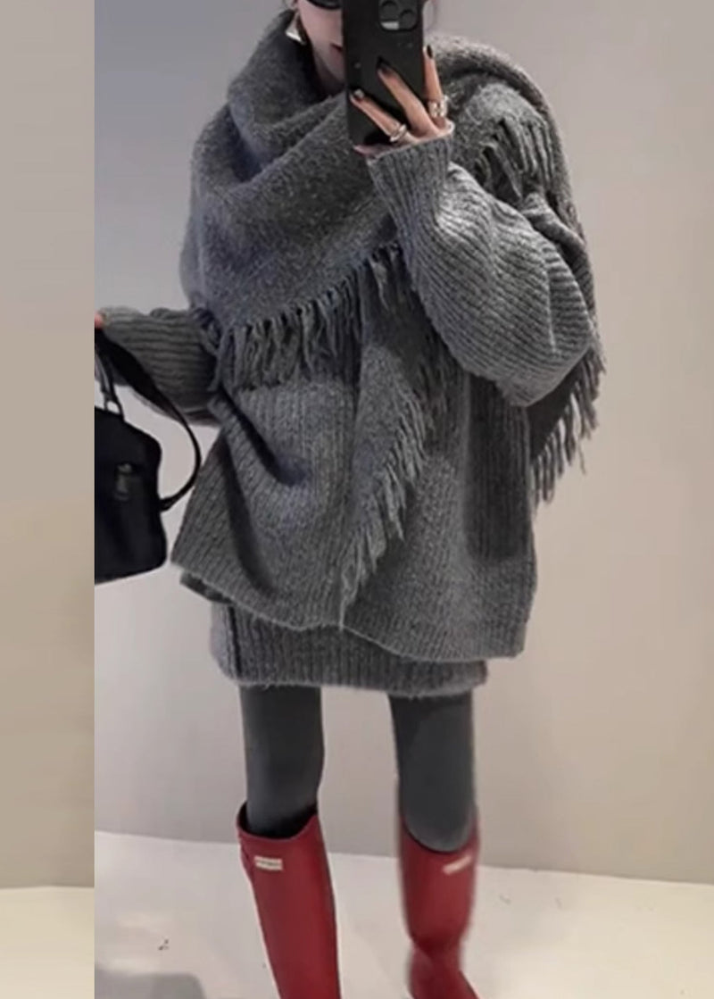 Loose Yellow Zippered Cardigan and Skirts Knit Two Piece Set Fall