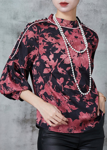 Brick Red Stand Collar Print Chiffon Shirt Top Lantern Sleeve