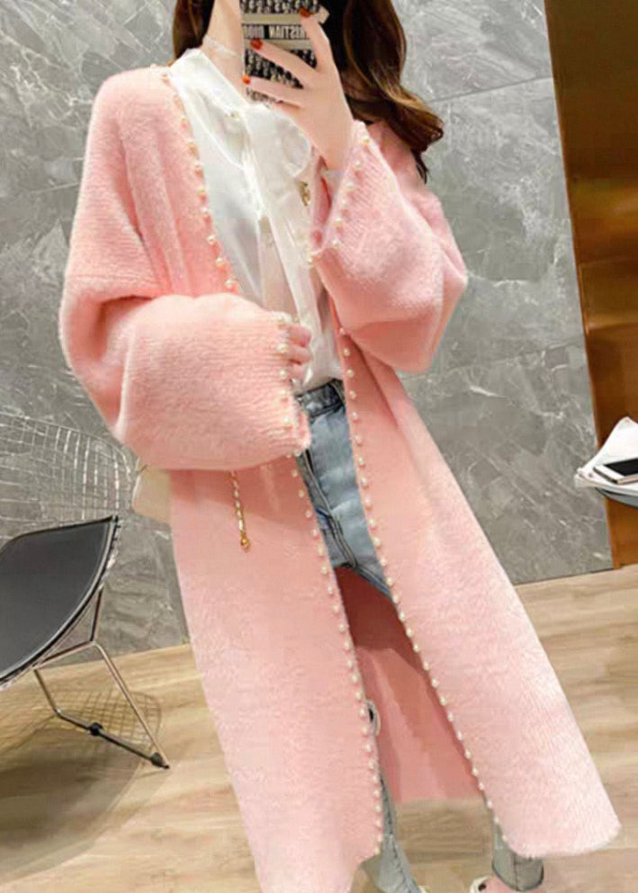 Pink V Neck Pearl Knit Cardigan Spring